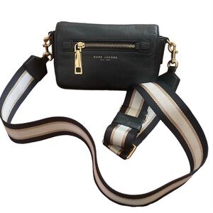 Marc Jacobs small pebbled black leather crossbody bag w/striped webbing strap